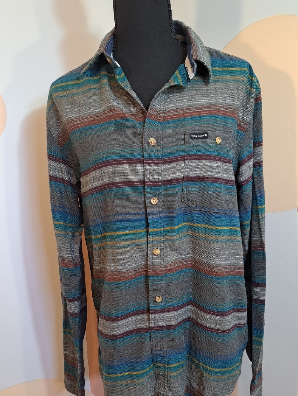 Ocean Current Men's Striped Button-Down Shirt in Teal, Gray, Brown